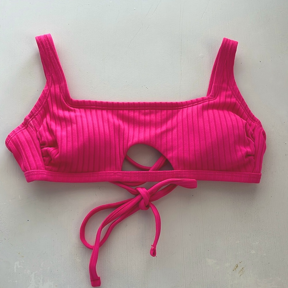Hot Pink Square Neck Ribbed Bikini Top